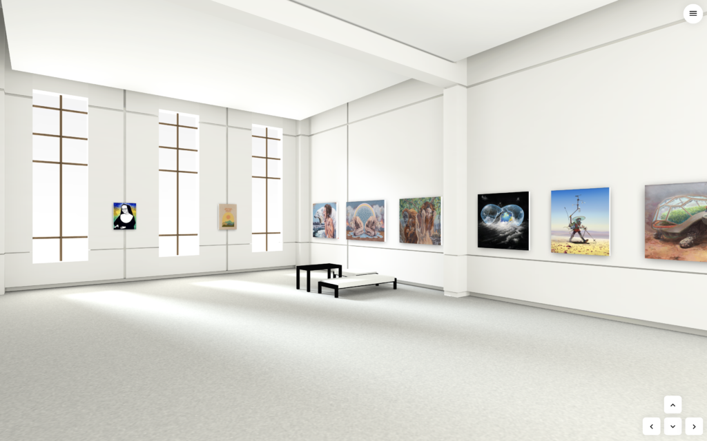 Picture of Associated Students Art Gallery with 6 pictures showcased on a white wall
