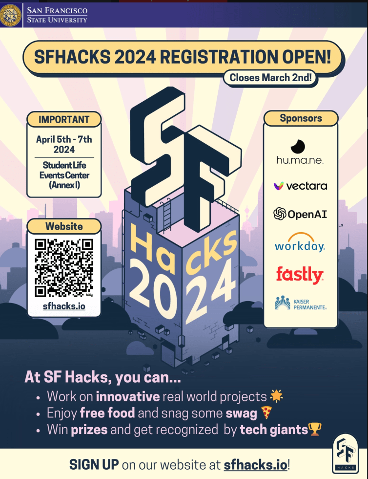 SF Hacks 2024 Registration Open, Closes March 2nd! Important April 5th-7th, 2024, Student Life Events Center (Annex I) Website sfhacks.io Sponsors hu.ma.ne, vectara, OpenAi, workday, fastly, Kaiser Permanente At SF Hacks, you can... (1) work on innovative real world projects, (2) enjoy free food and snag some swag, (3) win prizes and get recognized by tech giants Sign up on our website at sfhacks.io!