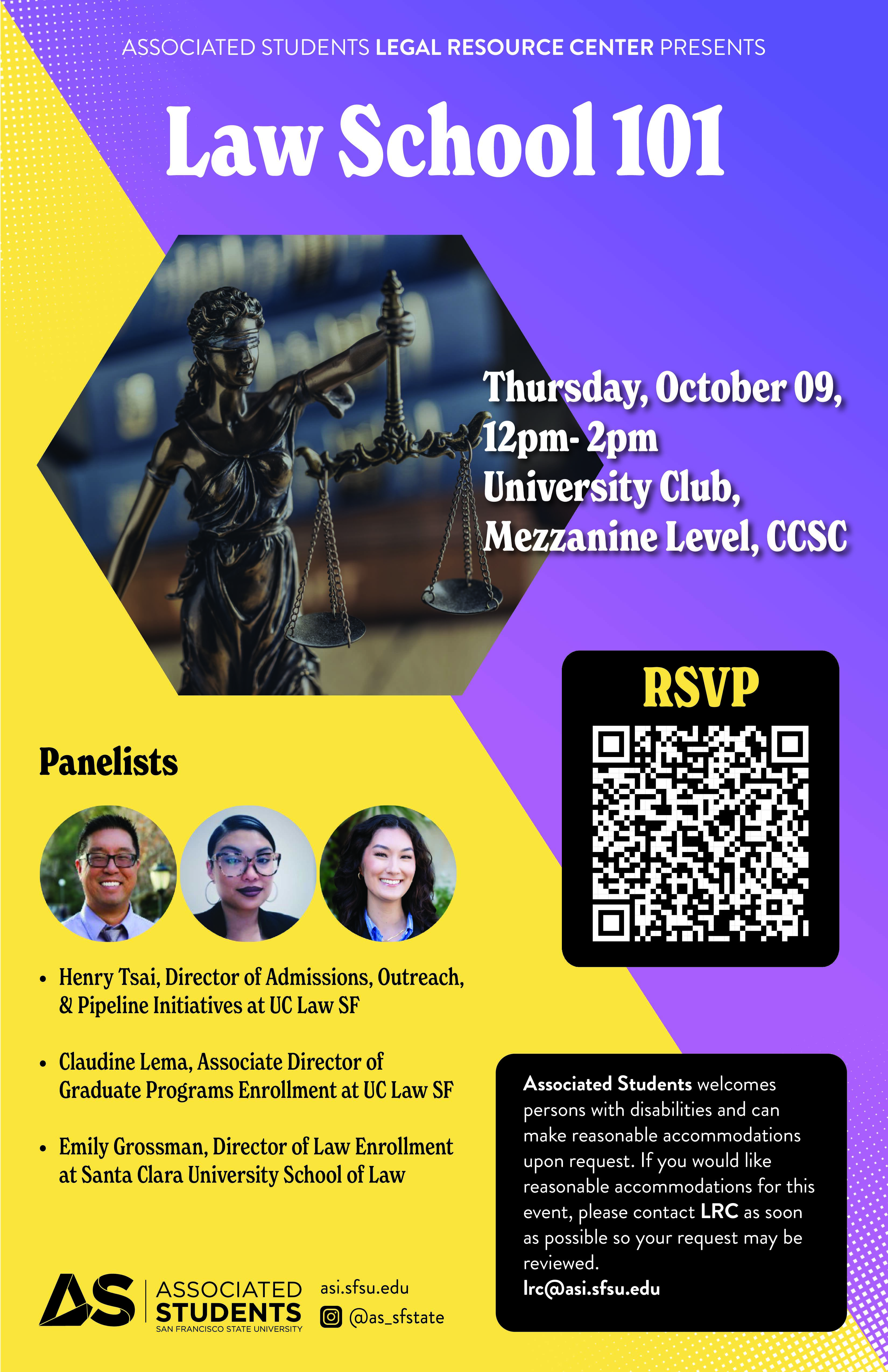 Legal Resource Center's Law School 101 flyer describing the event details on purple and gold vector background with text