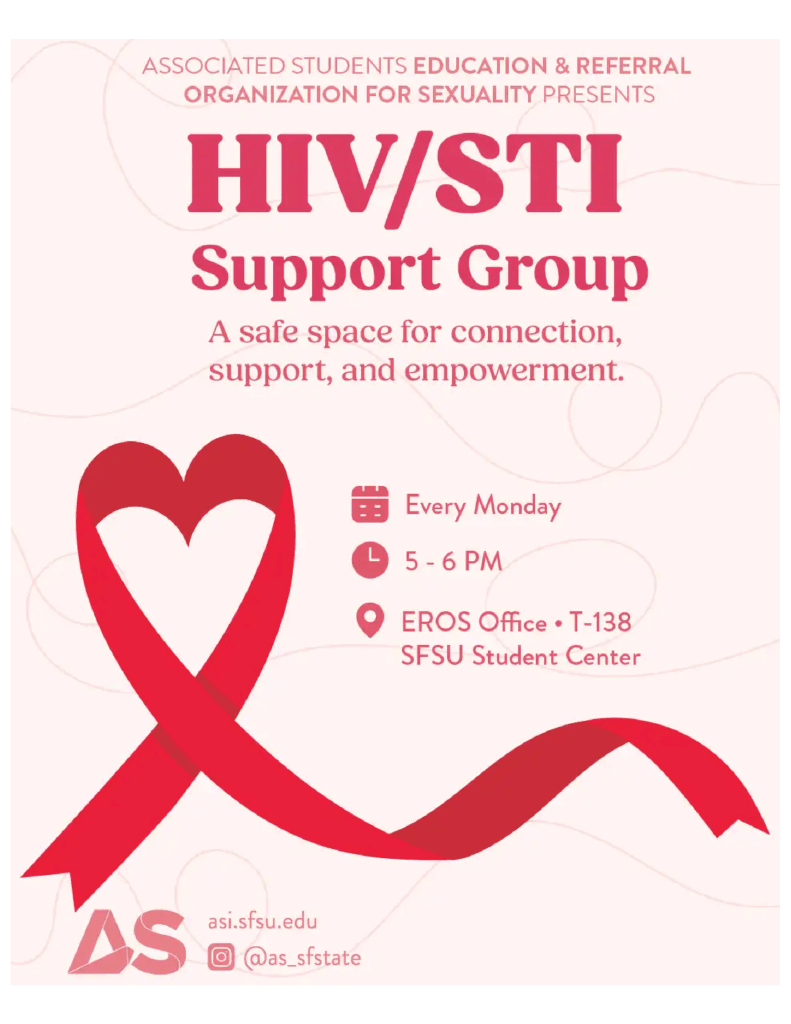 Pink and red informational flyer for the HIV/STI EROS Support Group.